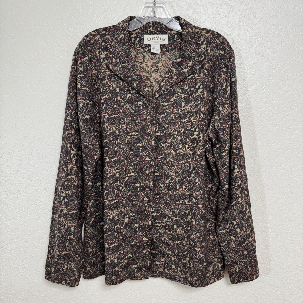 Orvis Button Up Shirt Women 14 Multicolor 100% Silk Paisley Long Sleeve Blouse